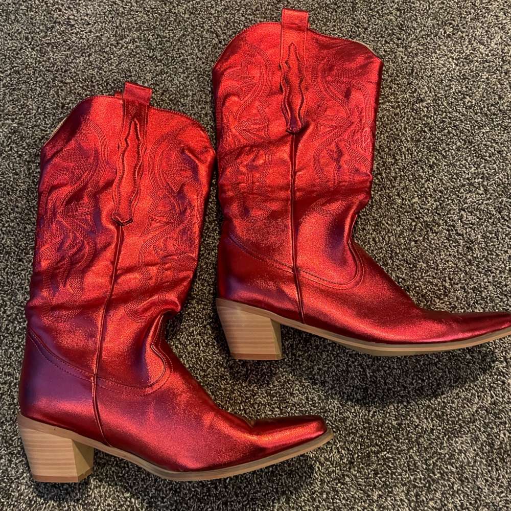 red high shin high cowgirl boots